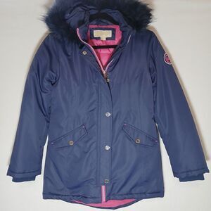 Michael Kors Kids Navy Winter Coat Button Zip Fur Hood Removeable Size 14 #665